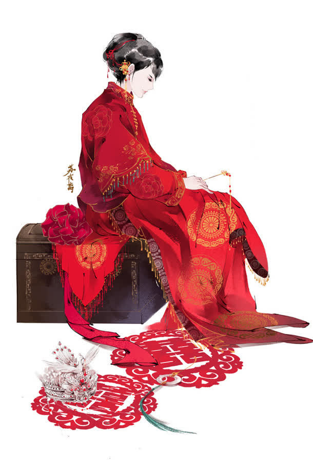 结婚喜庆节日待嫁的穿红衣的女子免抠