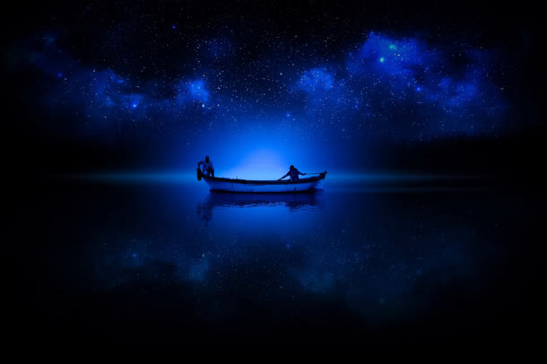 安静夜空小船前进免抠