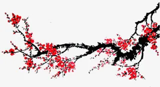 红色梅花墨迹花枝免抠