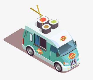 手绘卡通立体2.5D寿司快餐车免抠