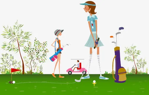 母女打高尔夫插画免抠