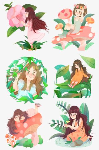 春分女孩花朵树叶免抠