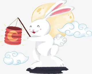手绘打着灯笼的兔子免抠
