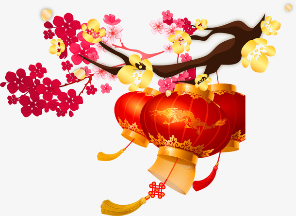 红色中国风树枝灯笼免抠