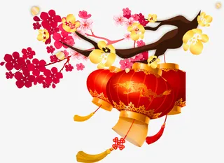 红色中国风树枝灯笼免抠