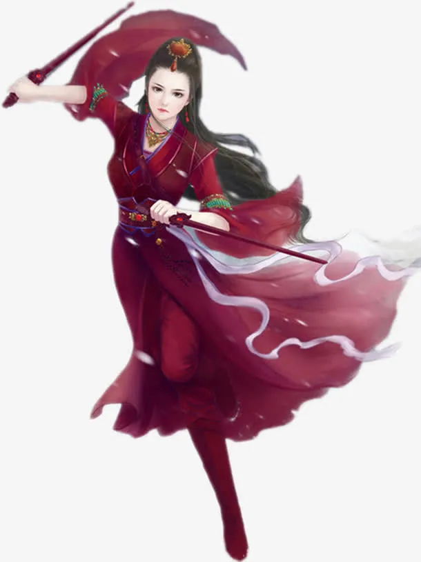 古风立绘红衣双剑女子免抠