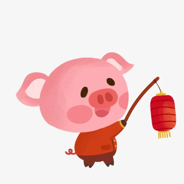 手绘插画提着灯笼的小猪免抠