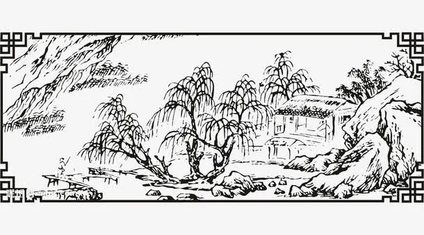手绘线条山水简笔画免抠