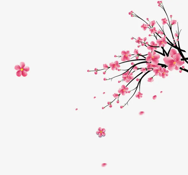 粉红色手绘桃花枝花瓣装饰图案免抠