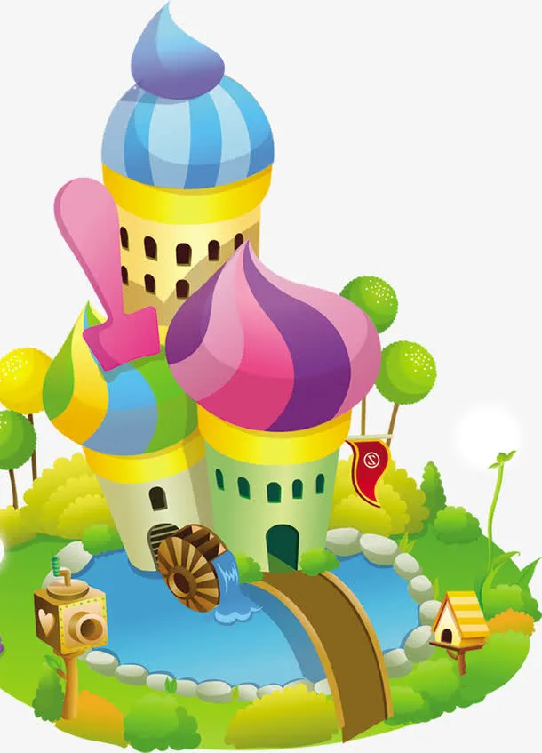 春天彩色漫画城堡免抠
