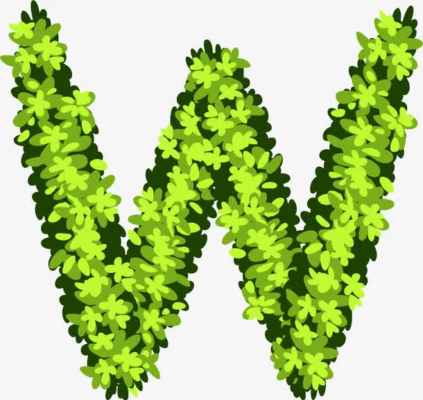手绘绿色植物花卉创意英文字母W免抠