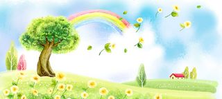 春天卡通手绘景色蓝色banner背景高清