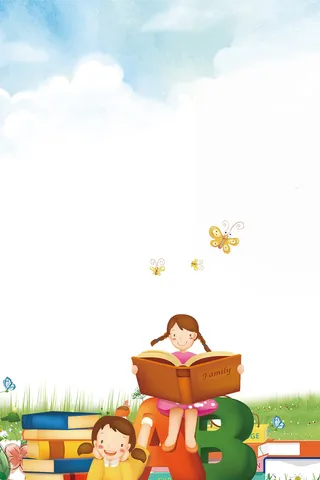 浅蓝色手绘开学季幼儿园招生读书的女孩背景高清