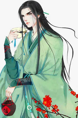 喝酒的绿衣男子古风手绘免抠