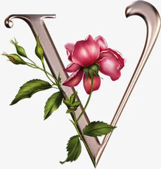 绿叶红色花朵字母v免抠