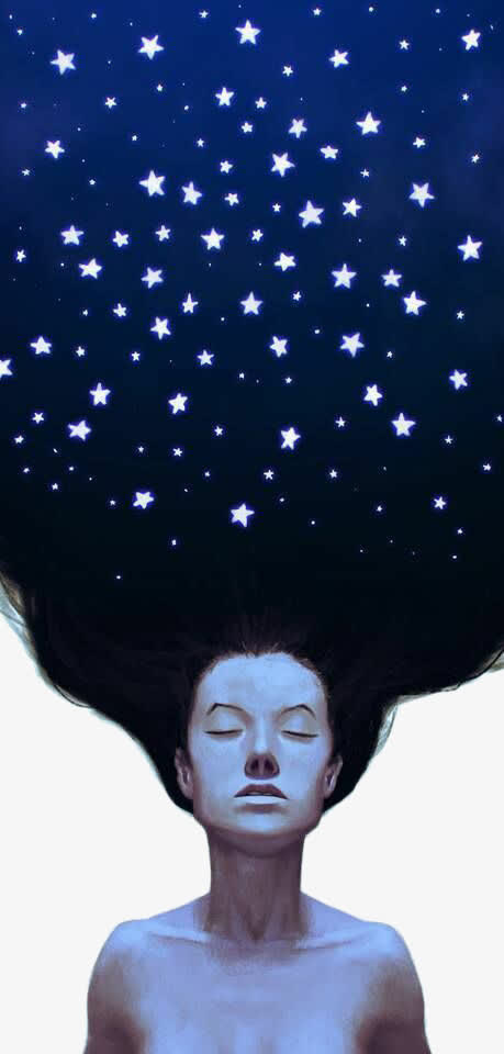 深蓝色唯美头发星空插画免抠