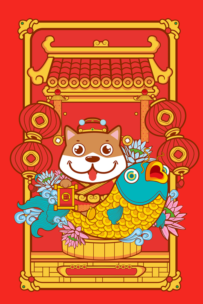 红色手绘元宵节小狗背景高清