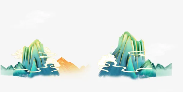 手绘免扣古风山矢量绿色国潮免抠