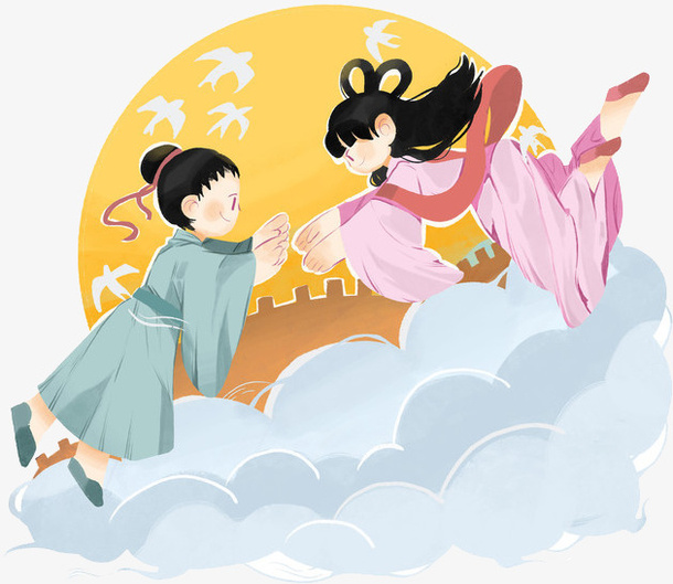 卡通牛郎织女在鹊桥相会免抠