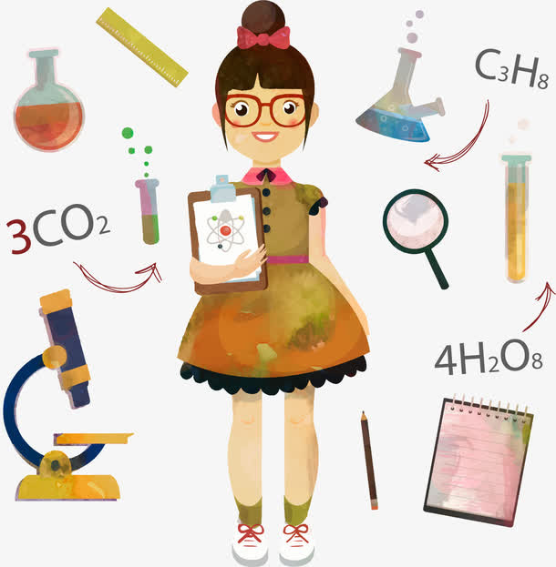 手绘水彩化学专业女学生免抠