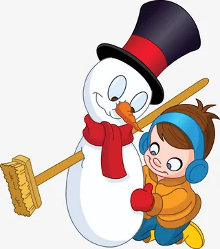 雪地里堆雪人的男孩免抠