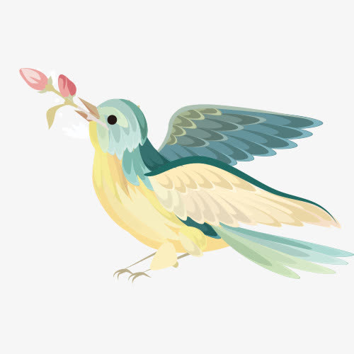 手绘卡通衔花枝小鸟免抠