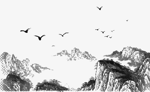 中国风水墨云海大山飞鸟免抠
