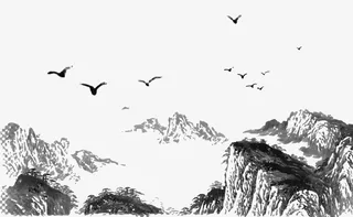 中国风水墨云海大山飞鸟免抠