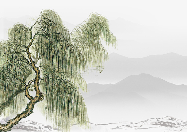 中国风水墨画柳树植物免抠