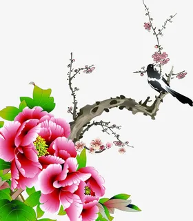 手绘粉色花朵树枝免抠