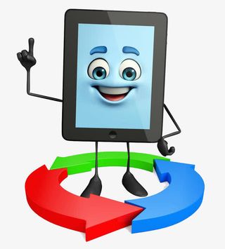 平板站在三个箭头中间免抠