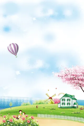 浅蓝色手绘春季踏青郊游春天背景高清