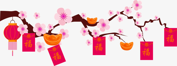 红色中国风花枝红包装饰图案免抠