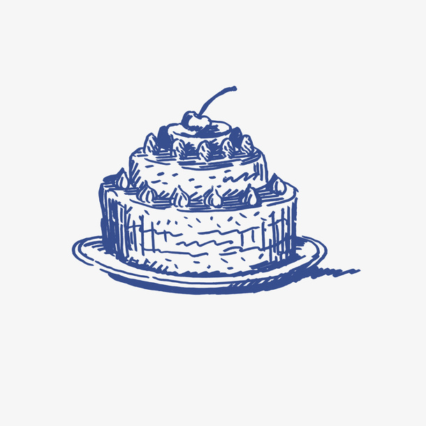 手绘蓝色生日蛋糕免抠