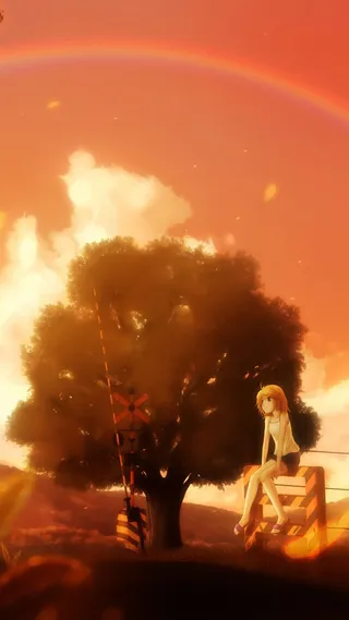 彩虹大树白云红色天空免抠