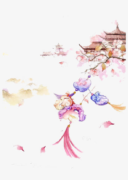 唯美中国古风水彩插画免抠