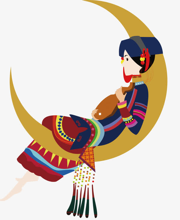 矢量坐在月亮上的彝族少女免抠