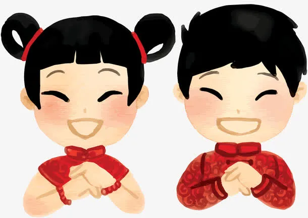 手绘新春拜年卡通年画娃娃免抠