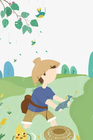 卡通扁平化清新谷雨海报插画免抠