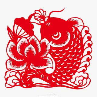 春节红纸剪影大鱼免抠