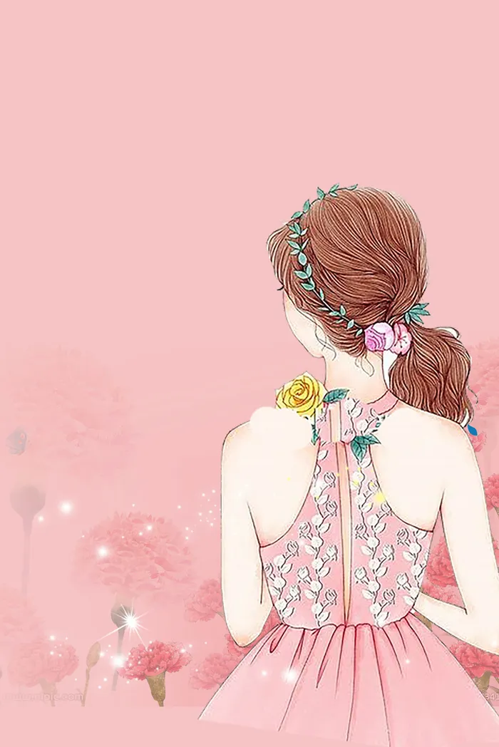 浅粉色手绘女生节少女背影背景高清
