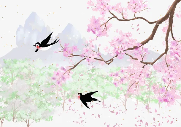 樱花远山燕子树枝免抠