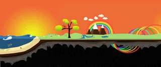 手绘卡通黄色天空草地免抠