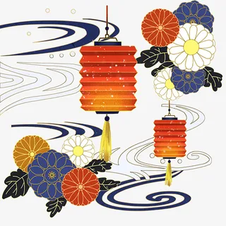 国风海报元素 菊花 灯笼免抠