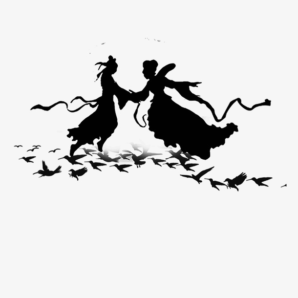 七夕牛郎织女黑色剪影免抠