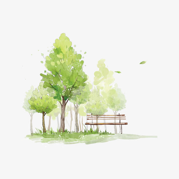 手绘水彩树木和草地免抠