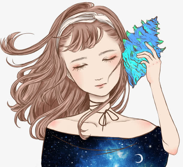 手绘倾听海螺声的女孩免抠
