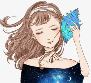 手绘倾听海螺声的女孩免抠