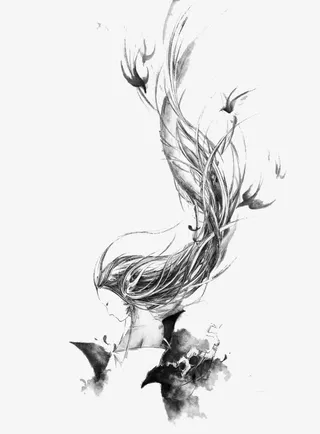 灰色树枝头发美女免抠