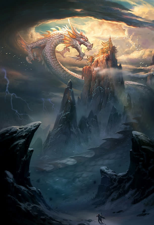 巨龙与云顶天宫插画免抠